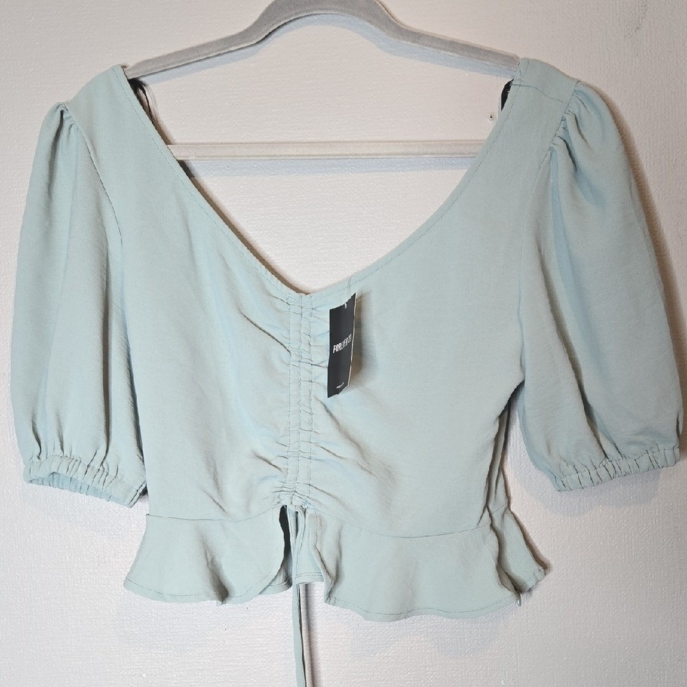 Forever 21 Puff Sleeve Crop Top Cottagecore Romantic Light Green Blue Medium New